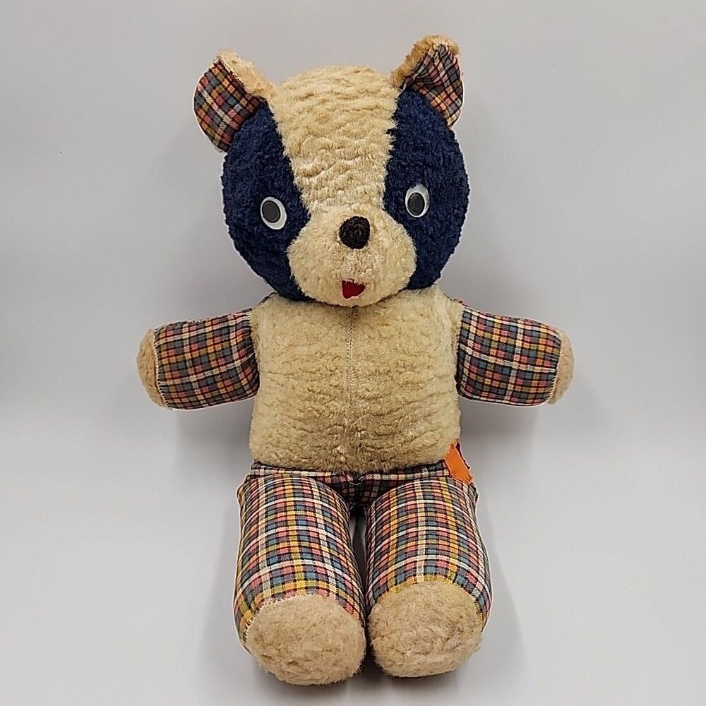 Vintage Carnival Prize Teddy Bear Gingham Check Patchwork Blue Face Rustic Plush